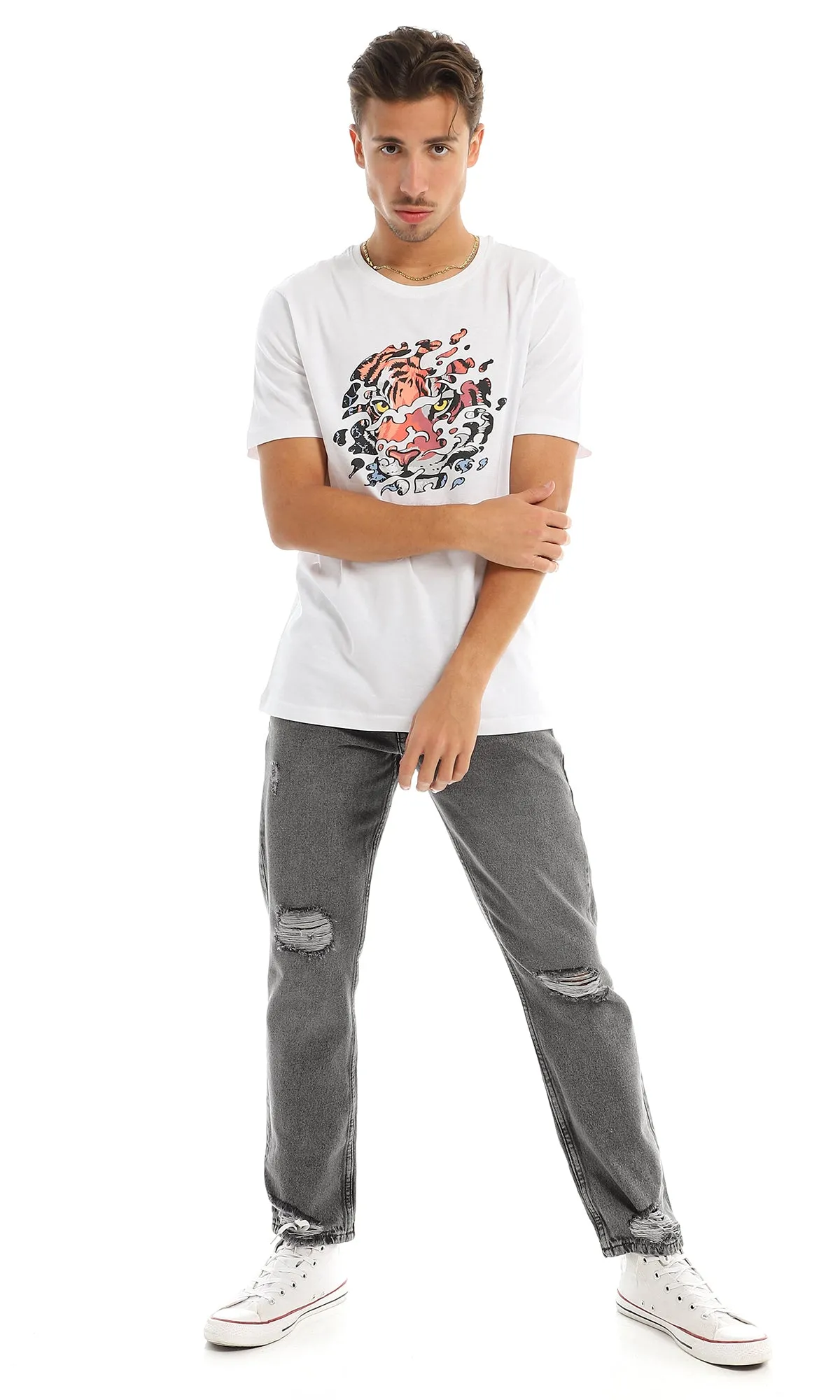 97417 Front Tiger & Back Printing White Short Sleeves T-Shirt