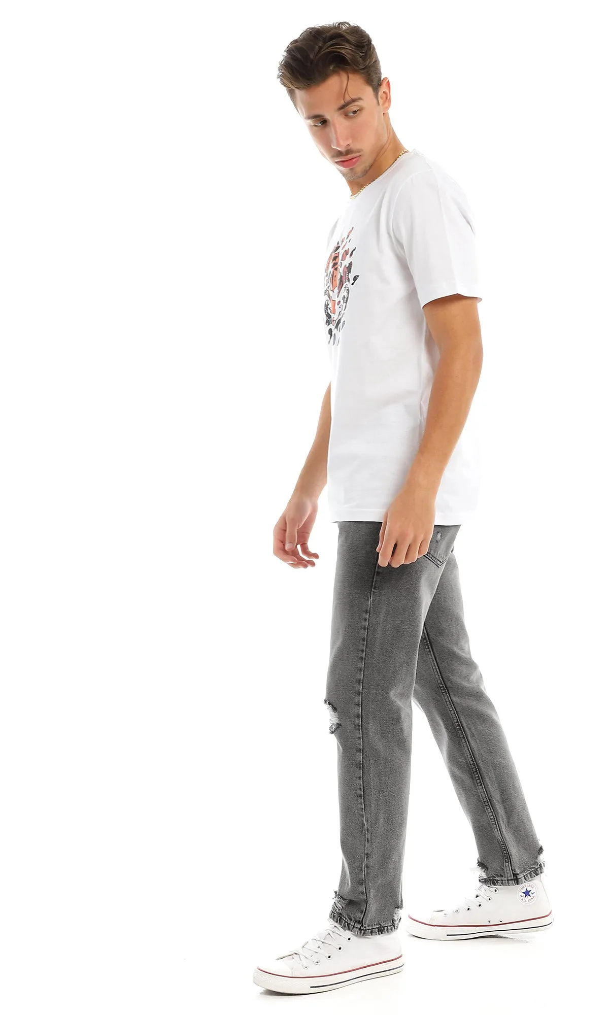 97417 Front Tiger & Back Printing White Short Sleeves T-Shirt