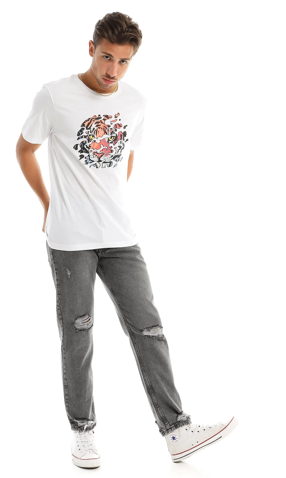 97417 Front Tiger & Back Printing White Short Sleeves T-Shirt