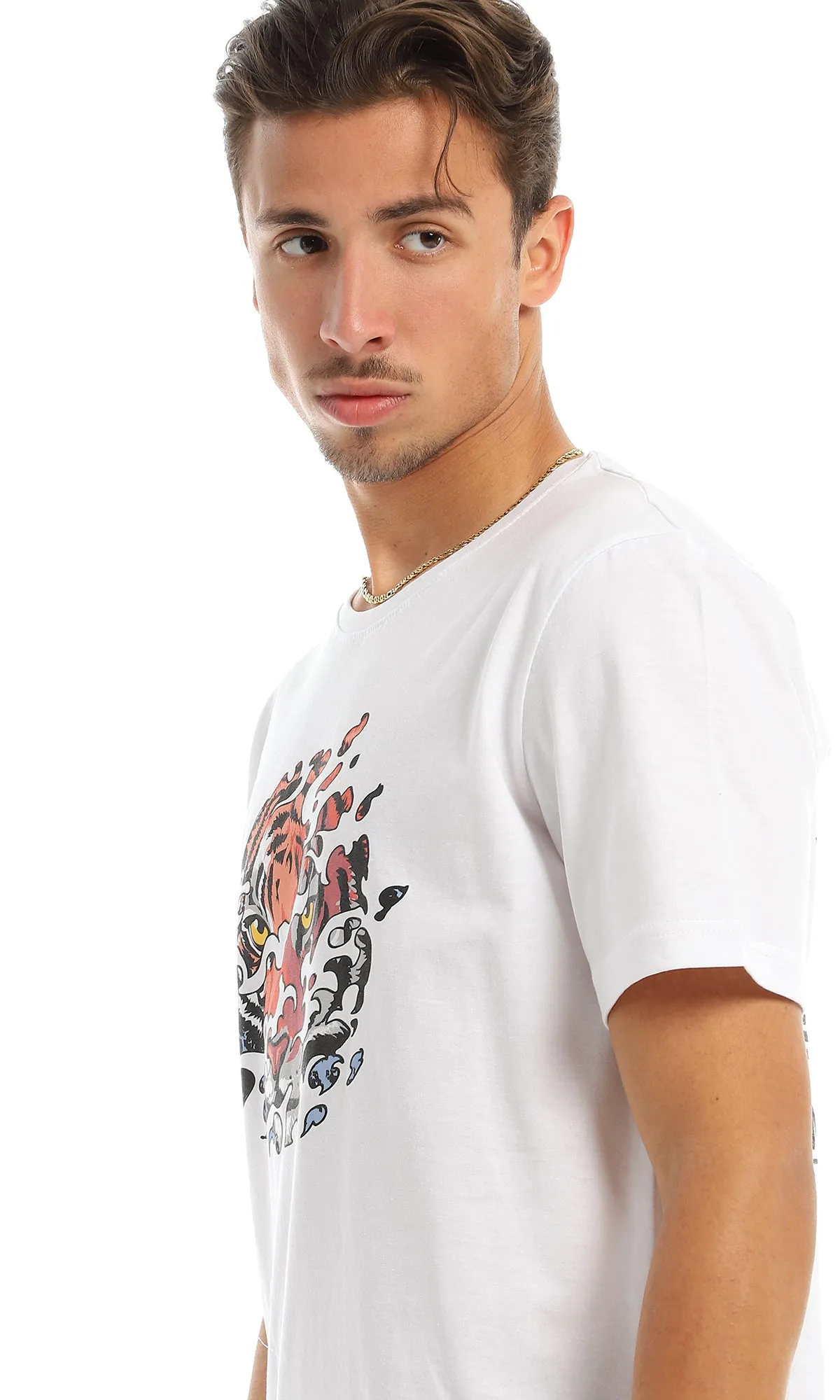 97417 Front Tiger & Back Printing White Short Sleeves T-Shirt