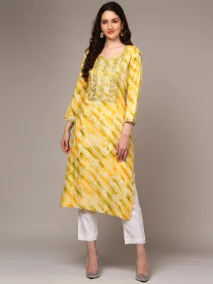 Ahika Women Yellow Viscose Rayon Leheriya Printed regular Fit Kurta VCK9496