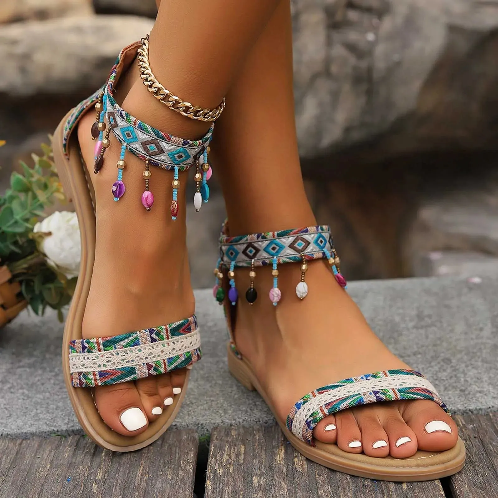 Boho Ankle Sandals – Open Toe Flats