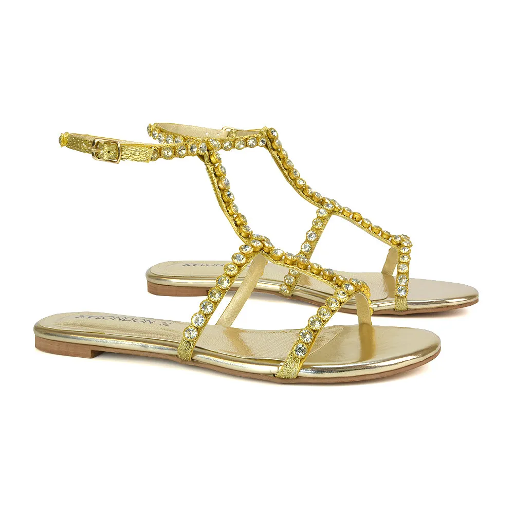 Cher Flat Ankle Strap Holiday Rhinestone Summer Diamante Sandals in Gold