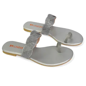 Dreamer Diamante Strap Toe Post Ring Flat Summer Woven Sandal Sliders in Silver