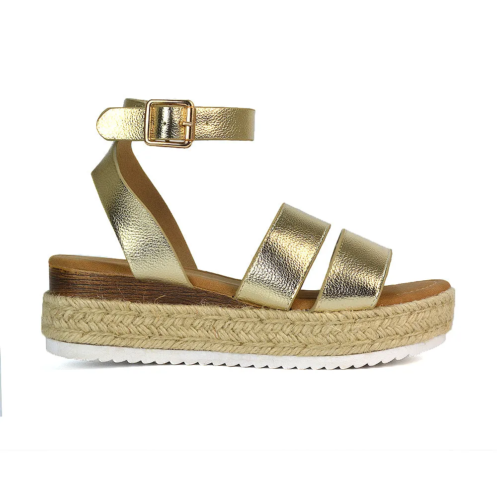 Lyds Flatform Strappy Summer Platform Flat Sandals in Gold