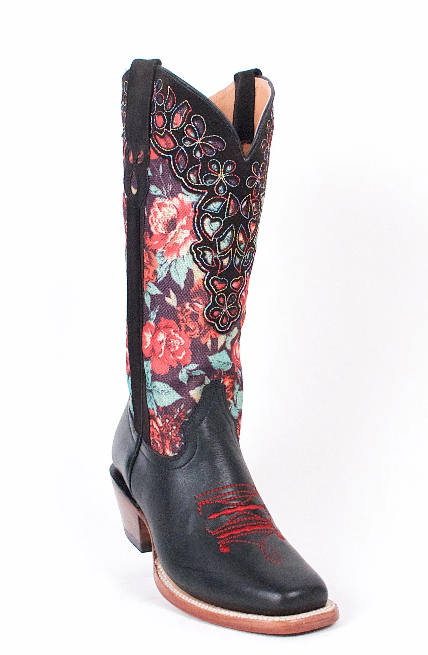 Quincy Boots Womens Grasso and Crazy Leather Floral Print Black Rodeo Toe Western Boot