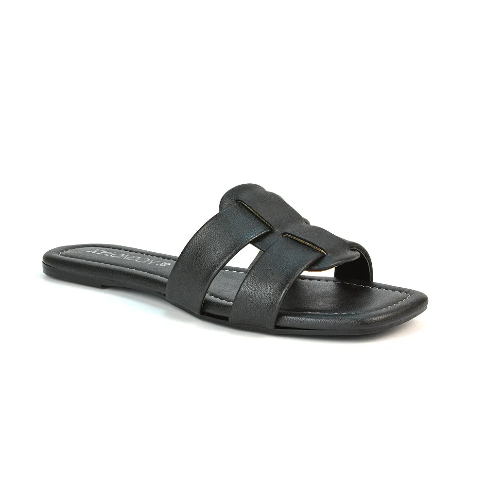 Selma Slip On Mule Square Toe Leather Flat Sandals Slides in Tan