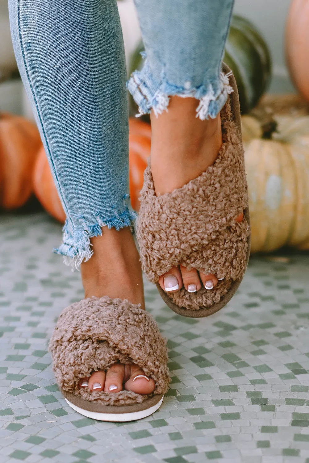 Teddy Fur Cross Straps Slippers