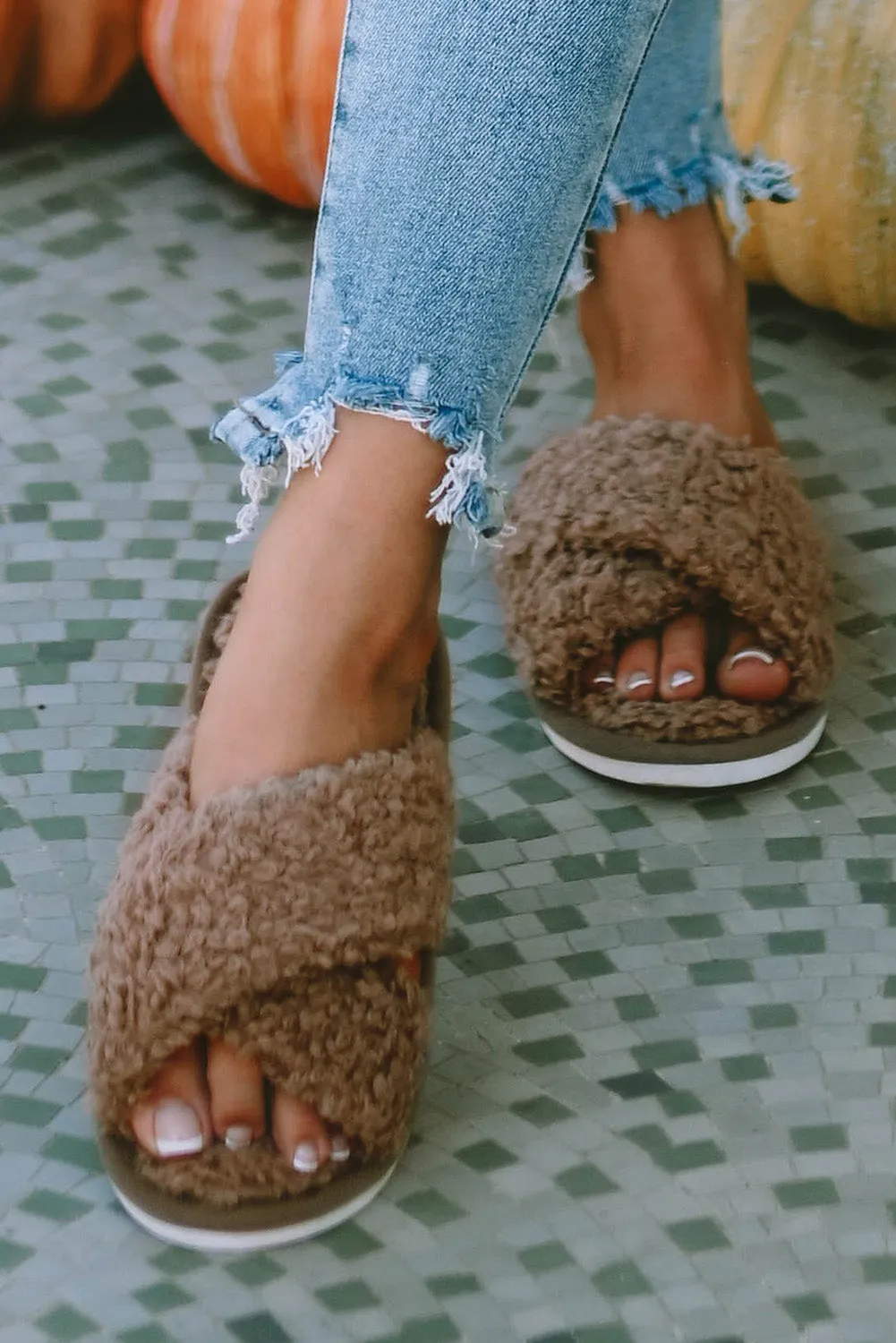 Teddy Fur Cross Straps Slippers