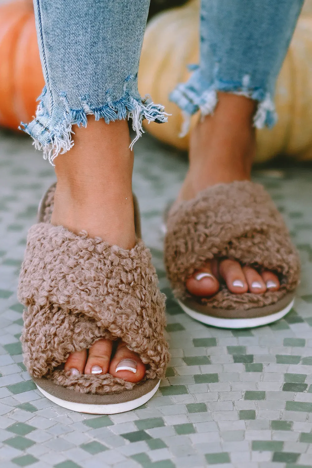Teddy Fur Cross Straps Slippers