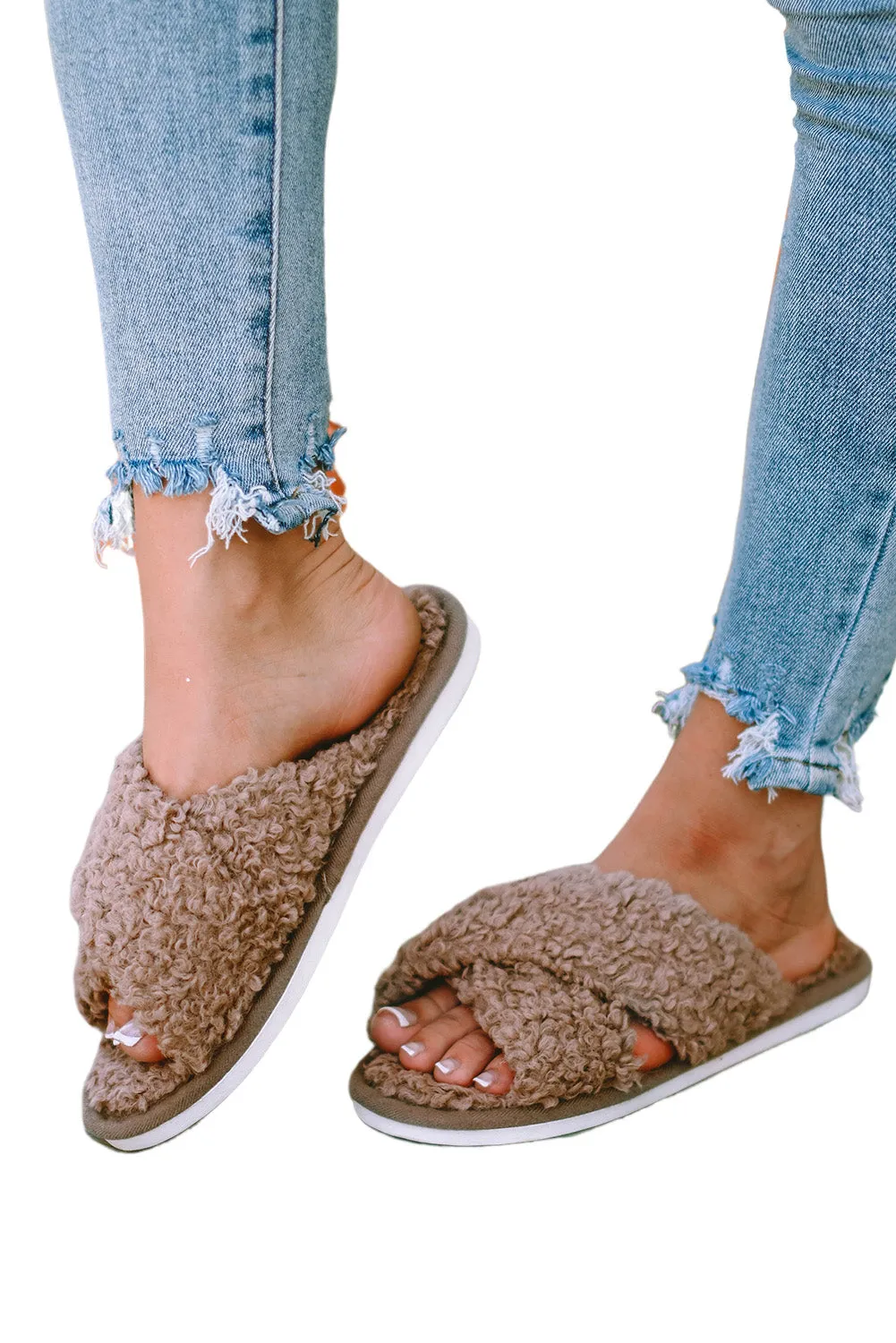 Teddy Fur Cross Straps Slippers