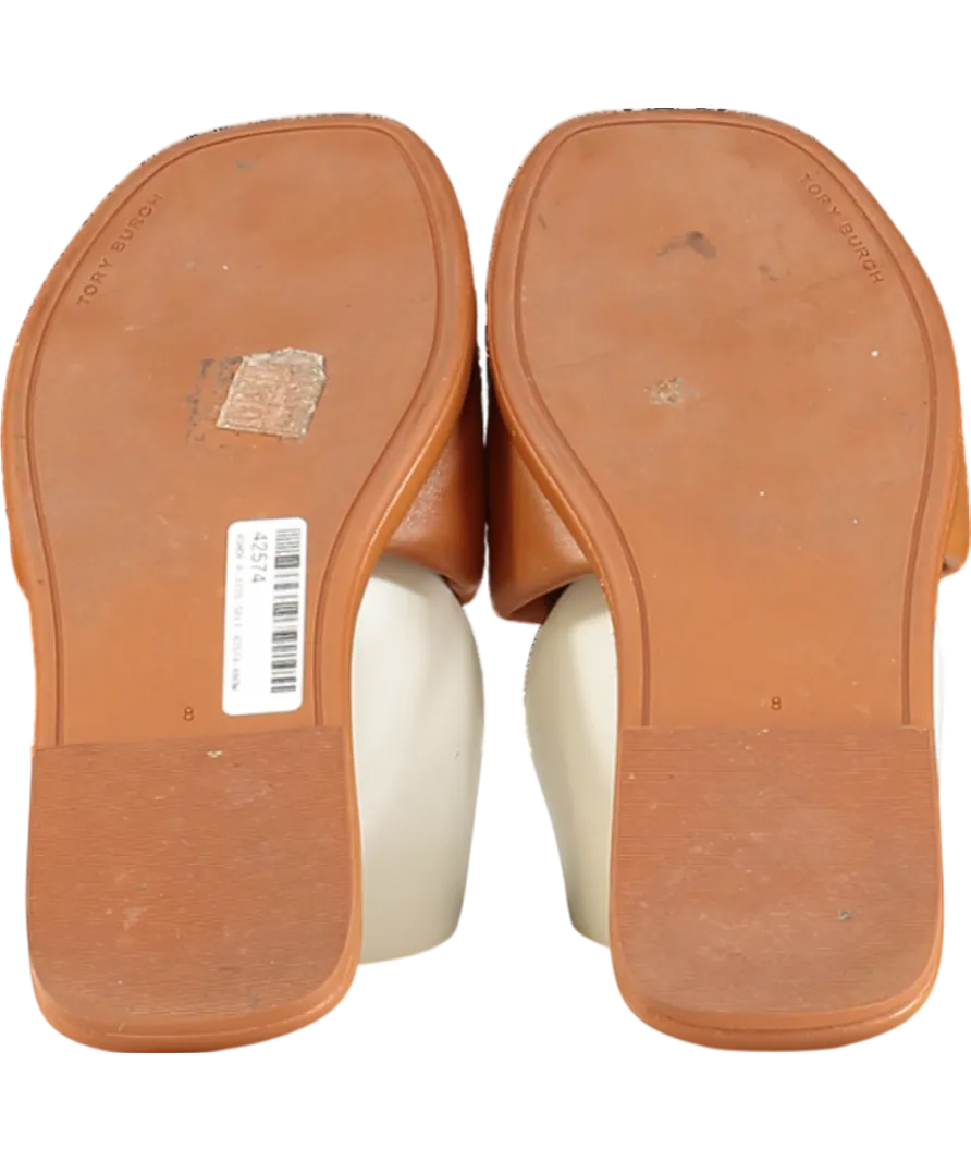 Tory Burch Brown Tan Leather Padded Logo Double T Sport Slide Sandals Us8 UK 5.5 EU 38.5 👠
