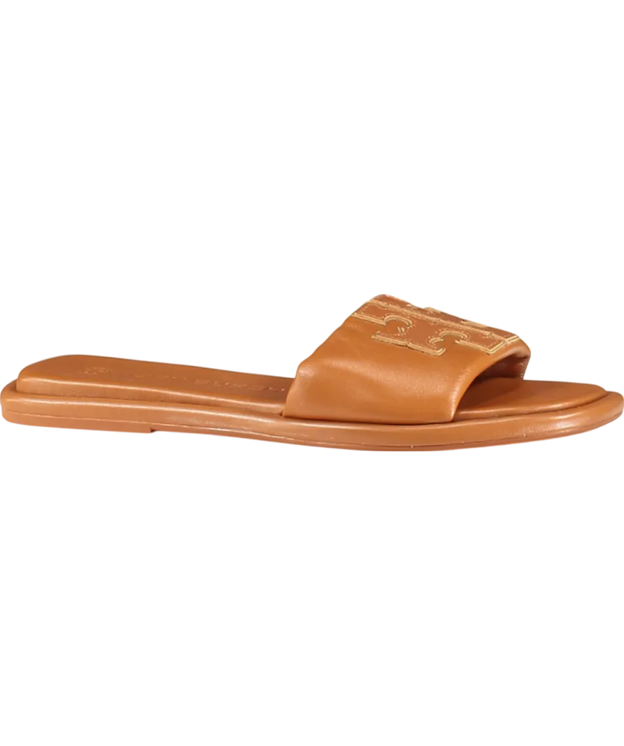 Tory Burch Brown Tan Leather Padded Logo Double T Sport Slide Sandals Us8 UK 5.5 EU 38.5 👠