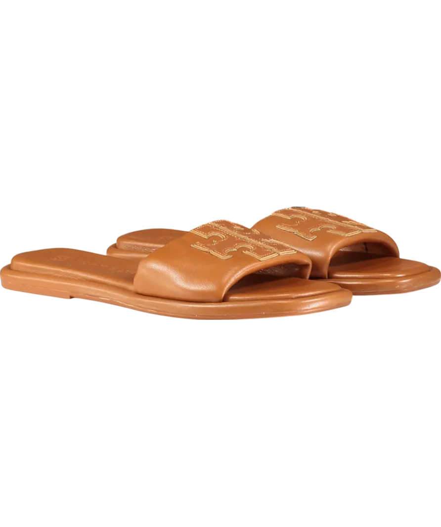 Tory Burch Brown Tan Leather Padded Logo Double T Sport Slide Sandals Us8 UK 5.5 EU 38.5 👠