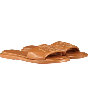 Tory Burch Brown Tan Leather Padded Logo Double T Sport Slide Sandals Us8 UK 5.5 EU 38.5 👠