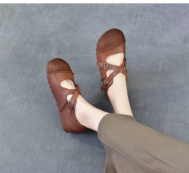 Women's Leather Flat Cross Strap Casual Shoes