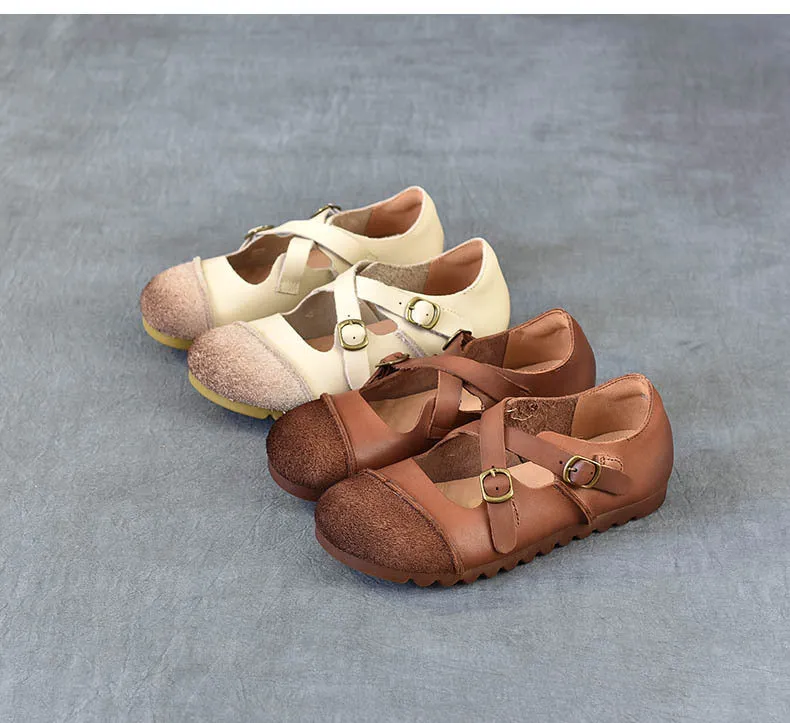 Women's Leather Flat Cross Strap Casual Shoes