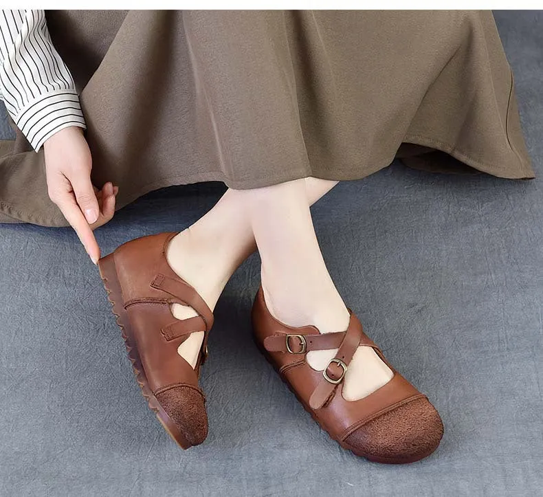Women's Leather Flat Cross Strap Casual Shoes