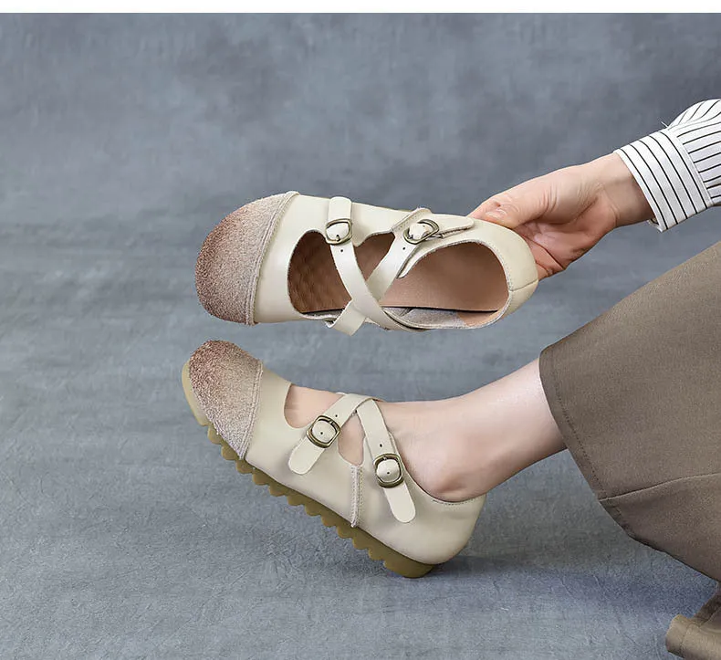 Women's Leather Flat Cross Strap Casual Shoes