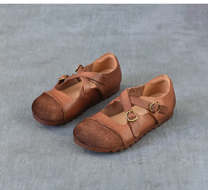 Women's Leather Flat Cross Strap Casual Shoes